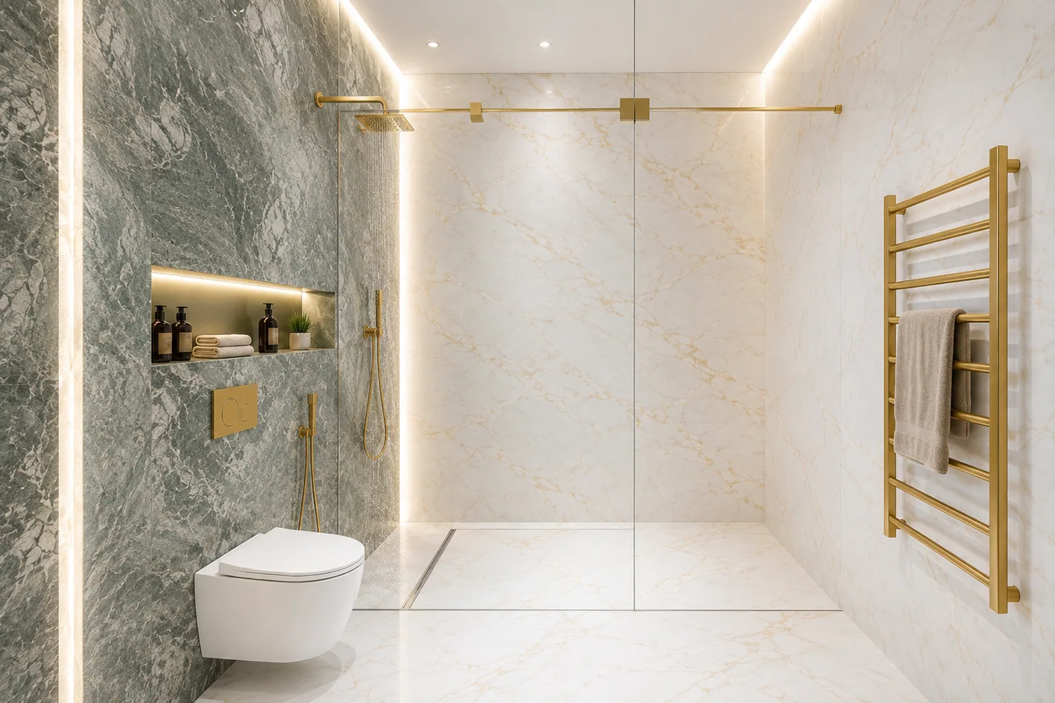 Spa-grade bathroom in book-matched marble — architect's visualisation