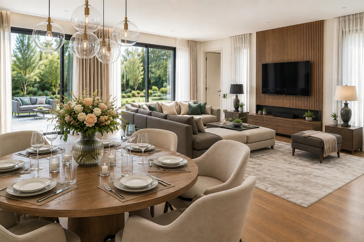 Living, dining and kitchen — architect's visualisation