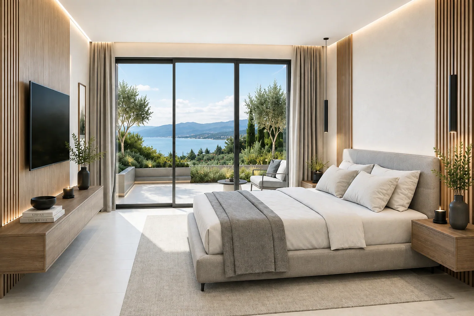 The master bedroom dressed in crisp linen — architect's visualisation
