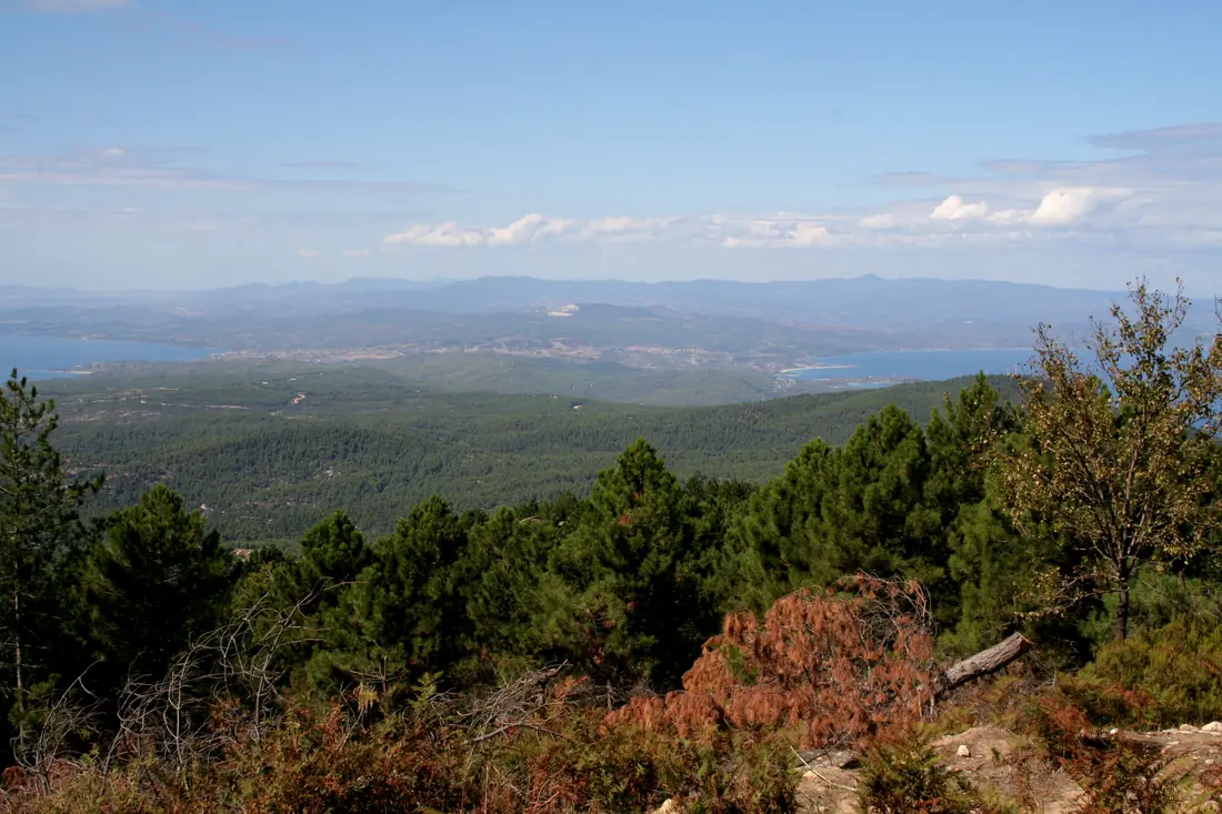The view from Mount Itamos across the wooded Sithonia peninsula to the coast